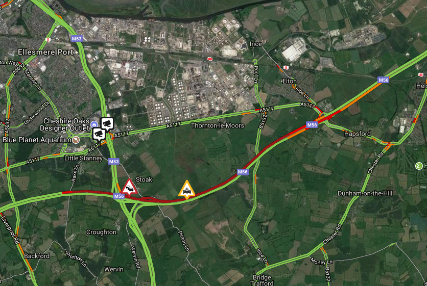 M56 All lanes back open and traffic is moving normally following earlier multi vehicle collision near Hapsford