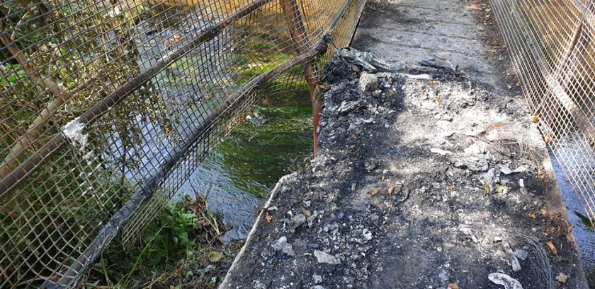A footbridge in Flintshire has been closed for repairs after car fire leaves it badly damaged