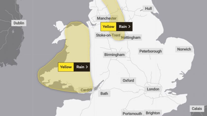 Met office yellow warning for rain in Flintshire on Friday