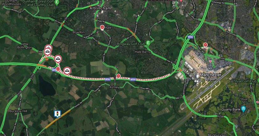 All lanes on the M56 near Manchester Airport have now re-opened.