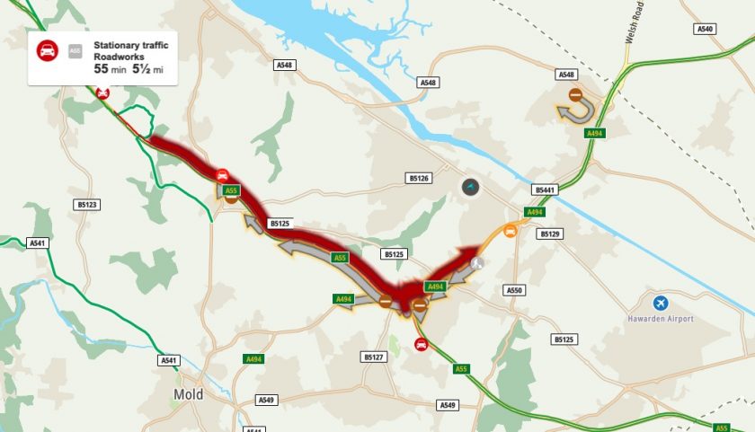 Roadworks causing lengthy delays on the A494 eastbound this morning