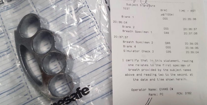 Erratic A55 driver found to be over alcohol limit with no licence or insurance and in possession of knuckle duster