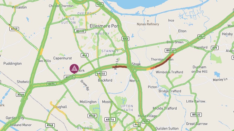 M56 between junction 15 and A494 heading to Deeside back open following earlier closure due to serious collision.