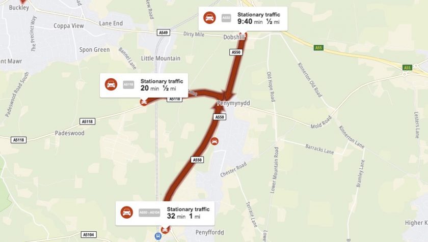 Temporary traffic lights causing long delays on approaches to Penymynydd roundabout