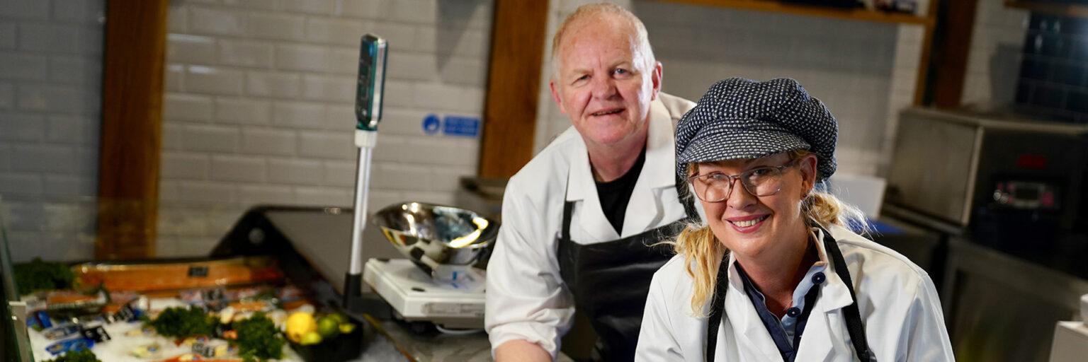 Steve Cartridge and Karen White from the fishmongers at Chester's new market